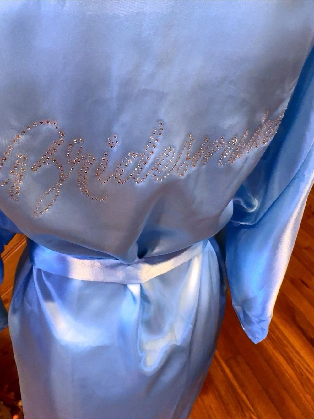 Bridal Satin Robe with Rhinestone Back - Light Blue - Picture 7 of 9